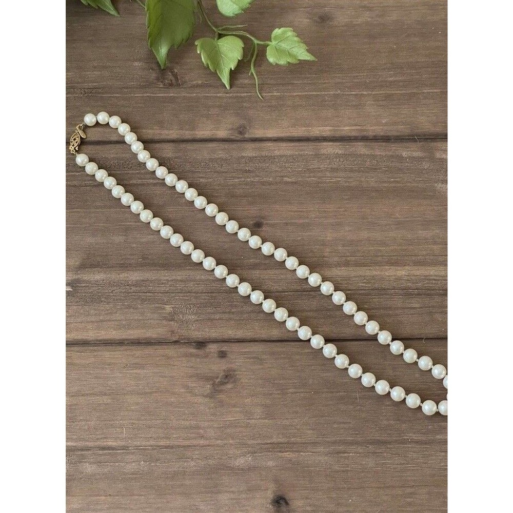 Vintage Napier Faux Pearl Necklace - Glass - Gold Tone Decorative Clasp - 24” - Picture 2 of 6